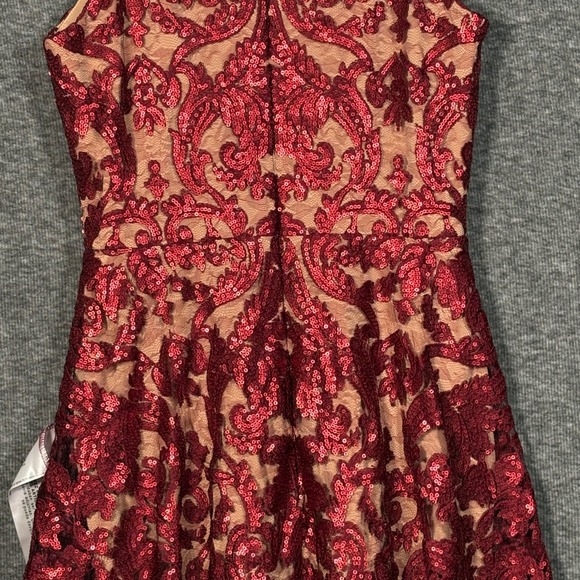 Dress The Population Blair Sequin Damask Midi Dress Berry Nude Womens Small - Picture 9 of 14